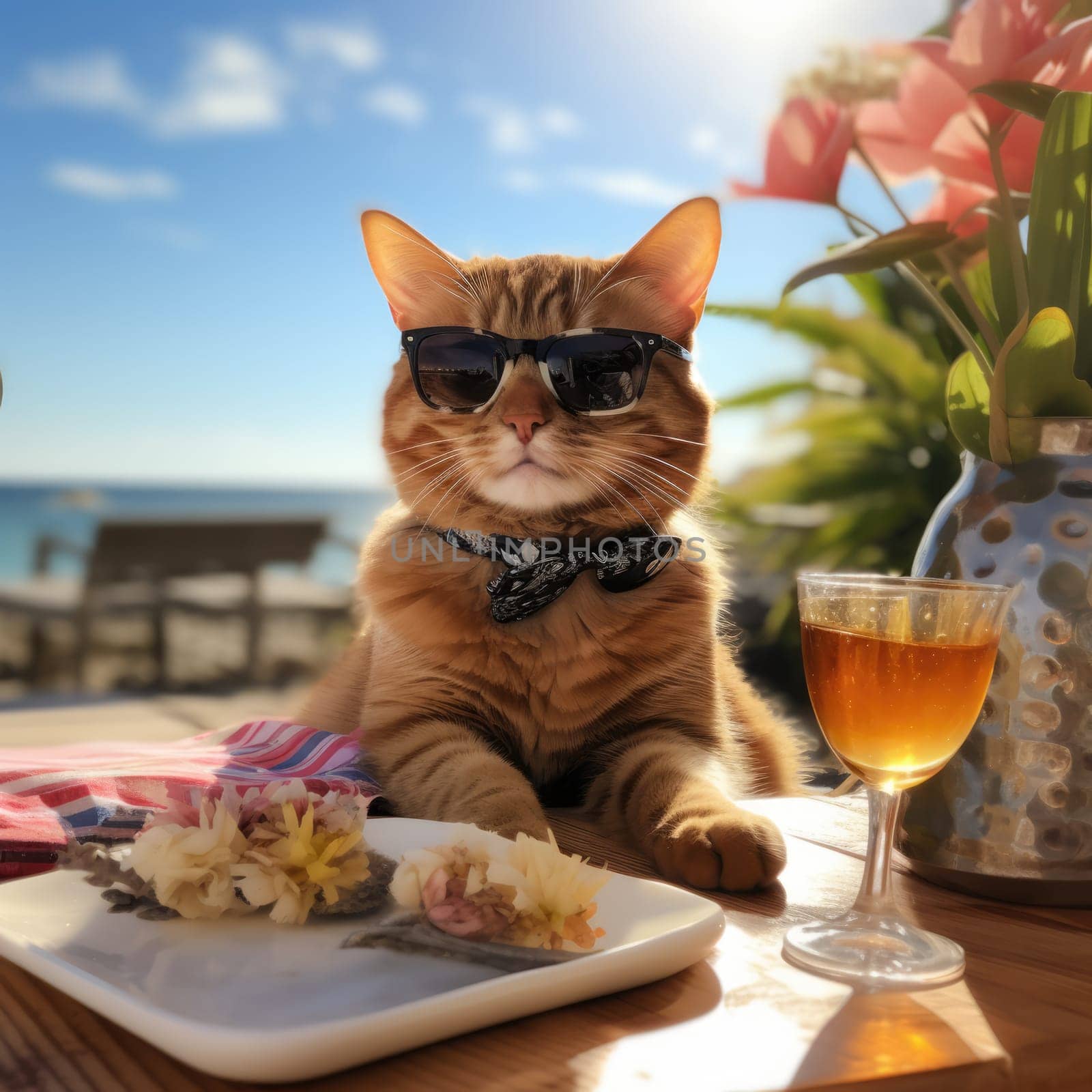 Close-up portrait of a cat wearing sunglasses on holiday at a seaside resort on a sunny day