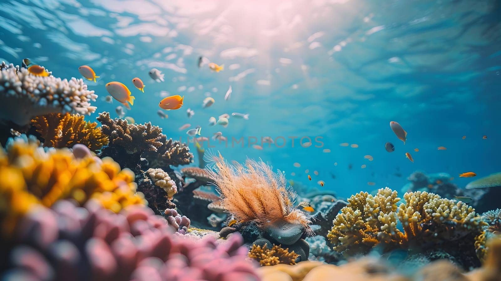 Underwater ecosystem teeming with colorful fish, vibrant corals, and aquatic plants, creating a stunning coral reef in the oceans fluid waters