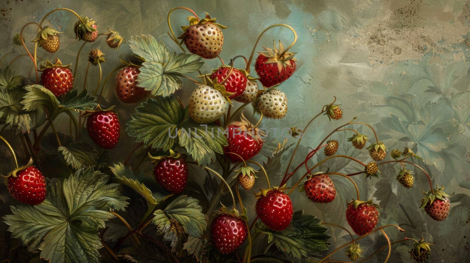 A painting of a bunch of strawberries with leaves and flowers