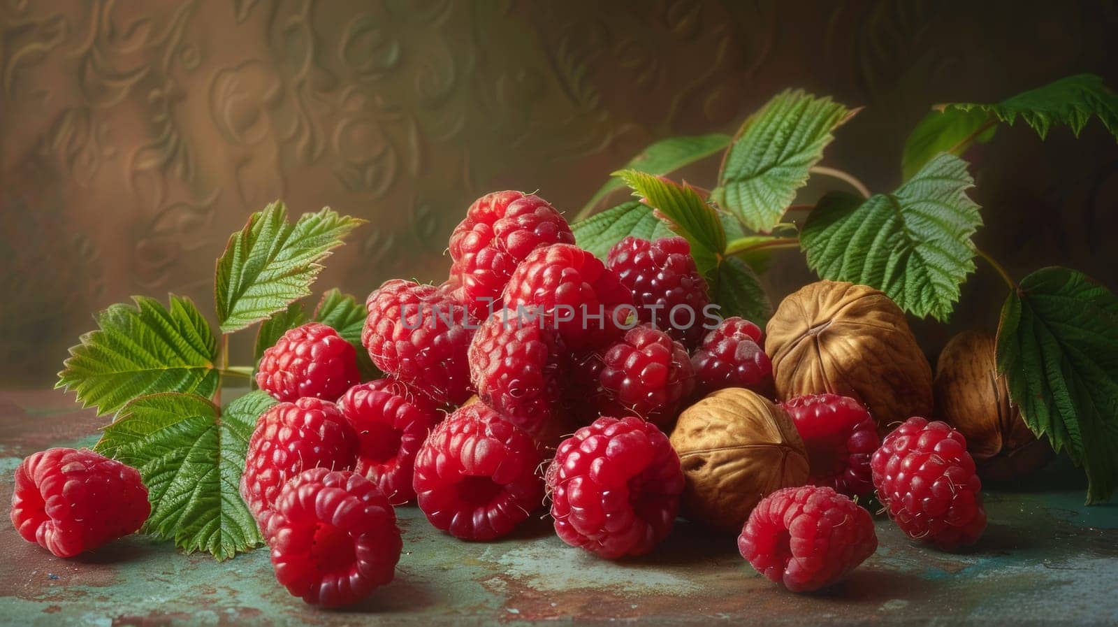 A bunch of raspberries and nuts are on a table