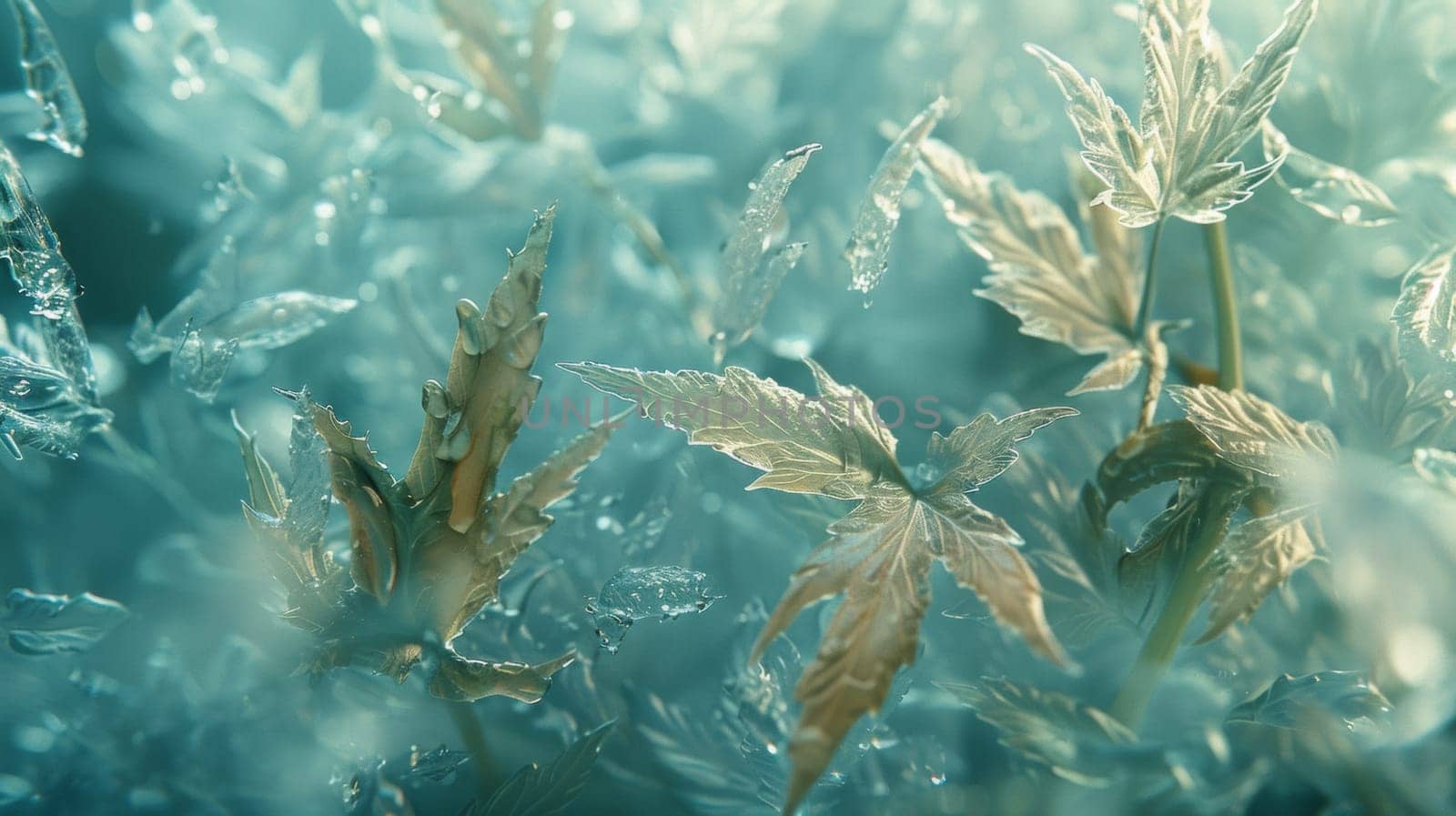 A close up of a bunch of leaves that are covered in water, AI by starush