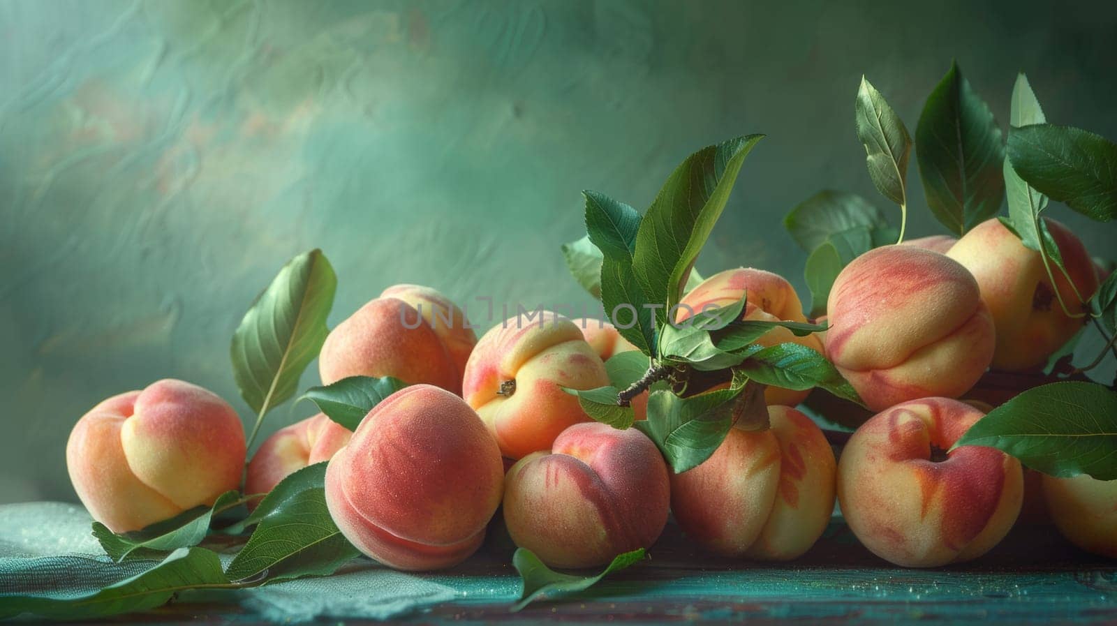 A bunch of peaches with leaves on a table, AI by starush
