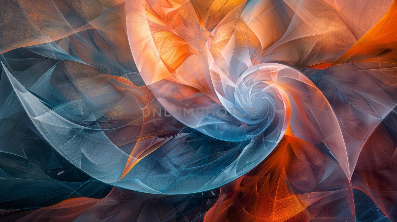 A digital art of a swirl design with orange, blue and white