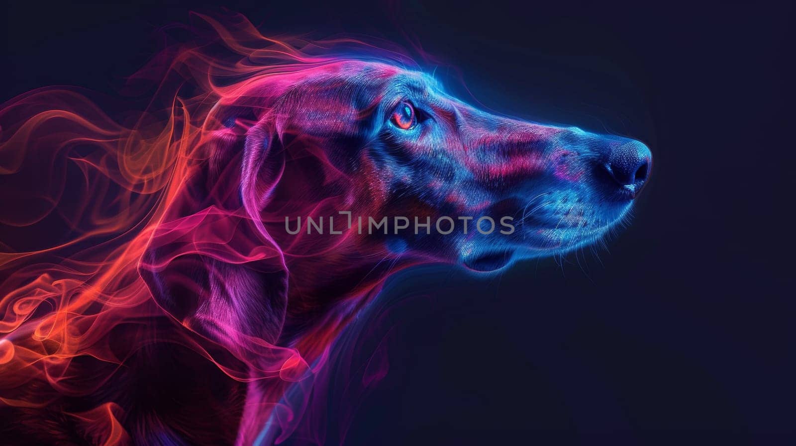 A dog is painted in a colorful way with smoke