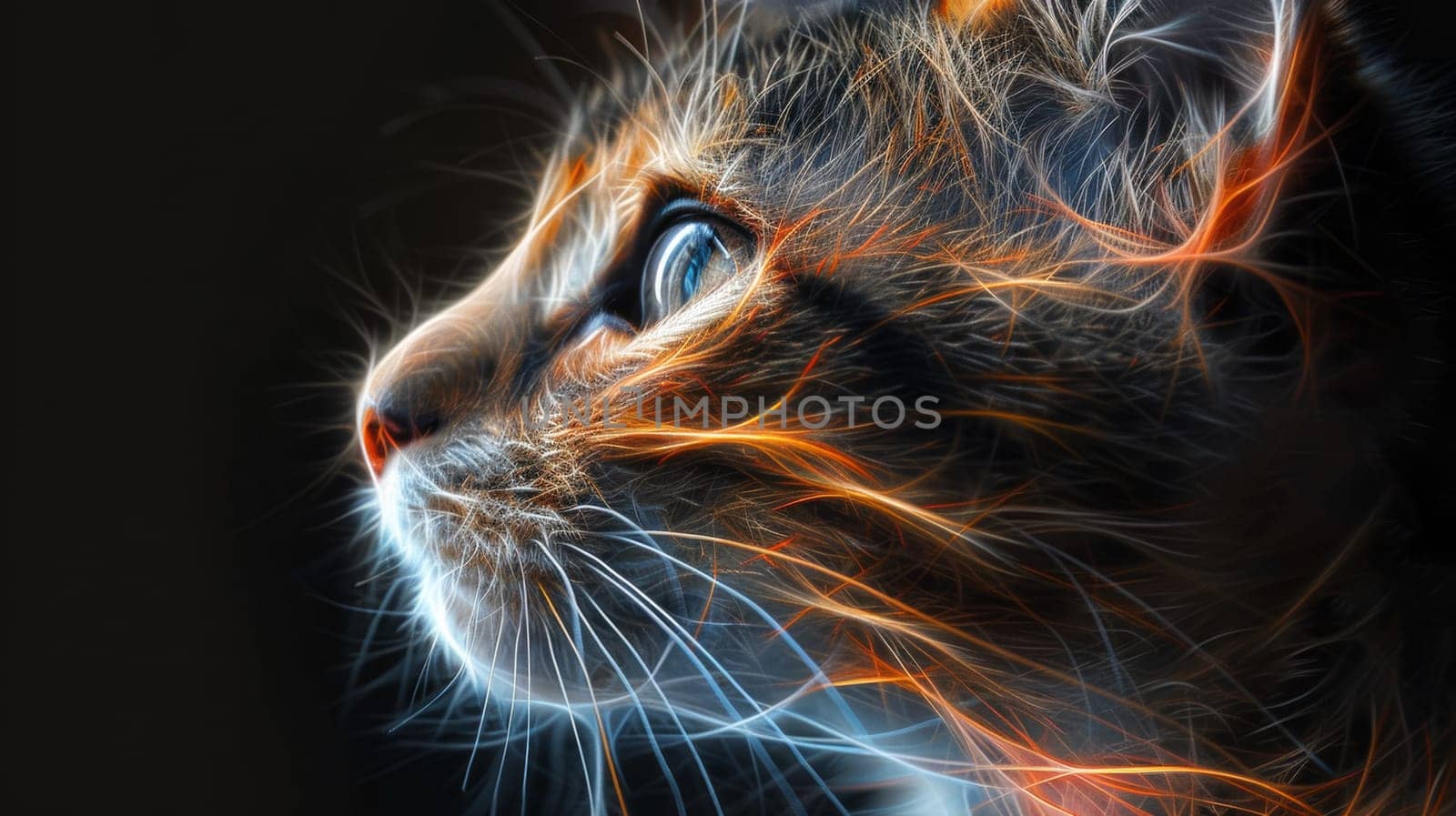 A close up of a cat with glowing eyes and fur
