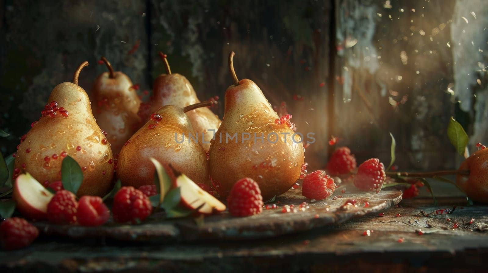 A bunch of pears and raspberries on a plate with water