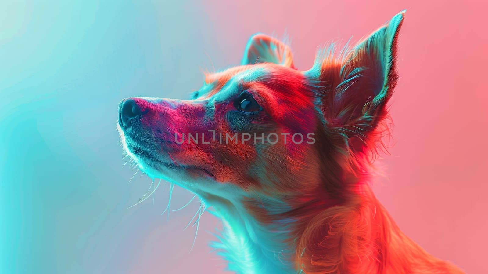 A dog with a colorful background looking up at the sky, AI by starush