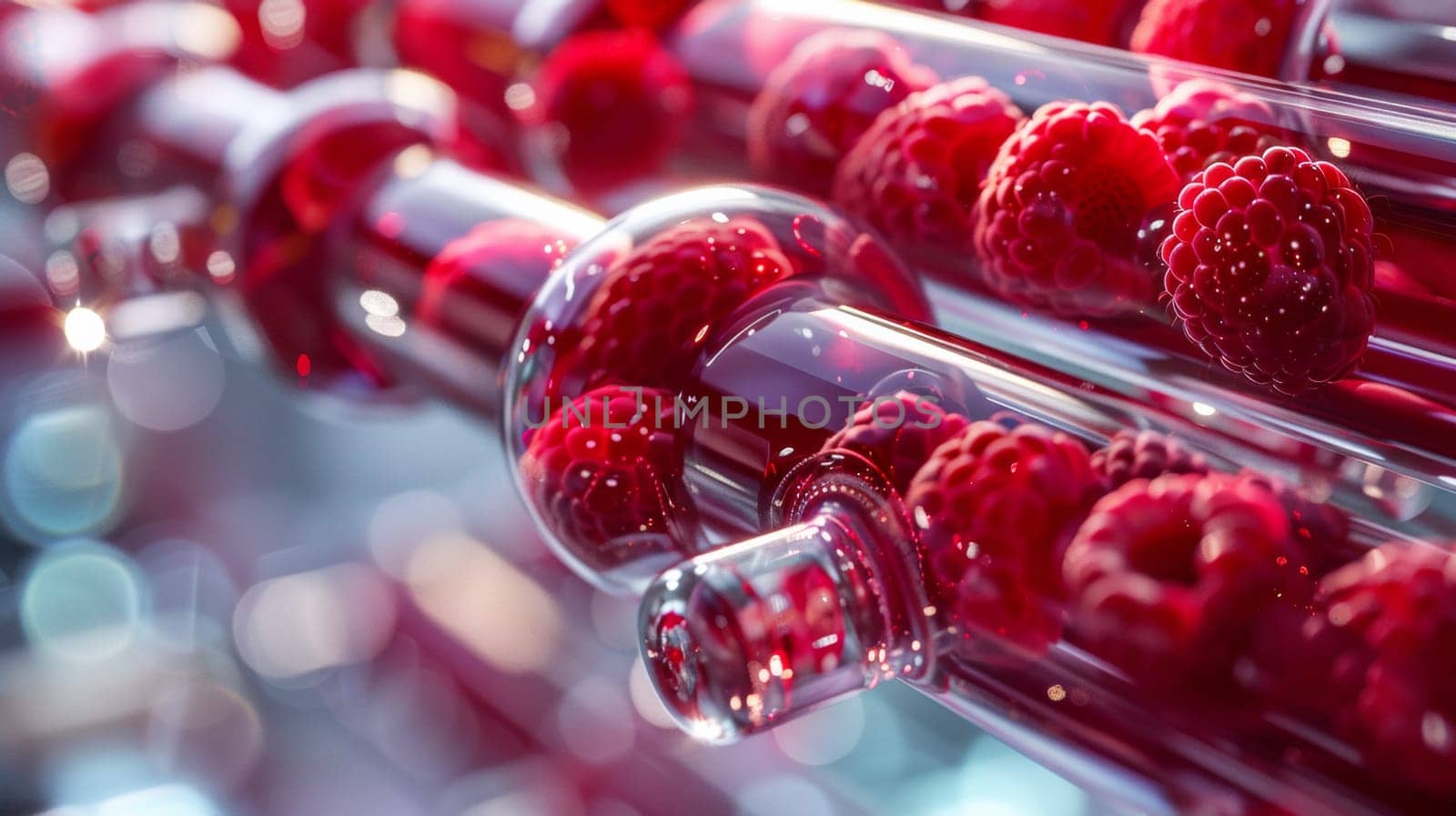 A close up of a bunch of raspberries in some glass tubes, AI by starush