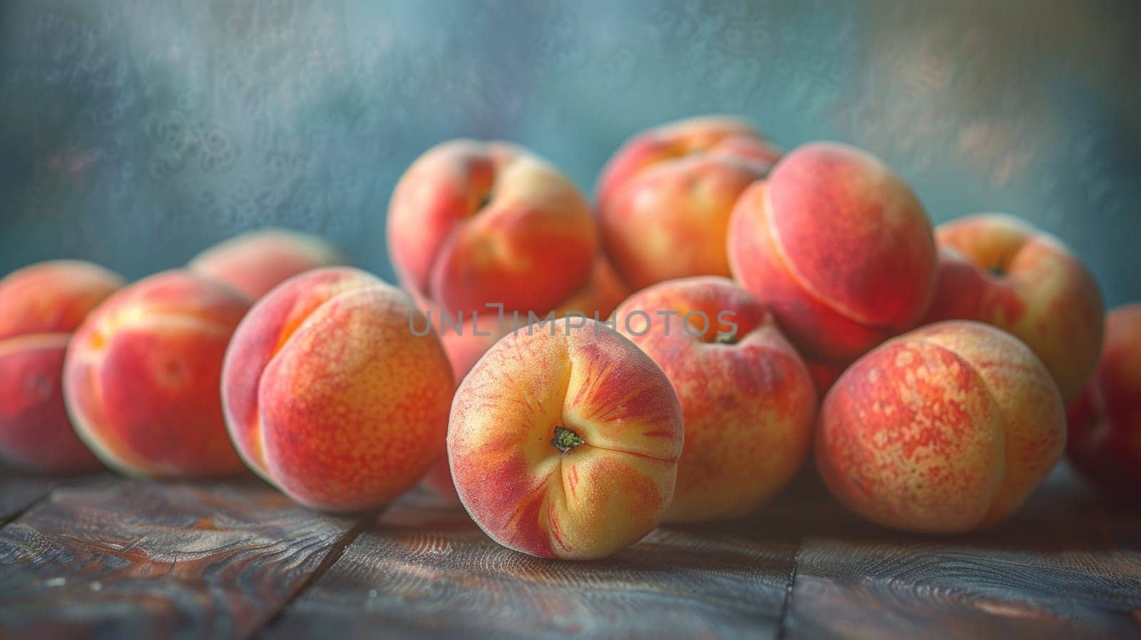 A pile of peaches on a wooden table with some missing, AI by starush