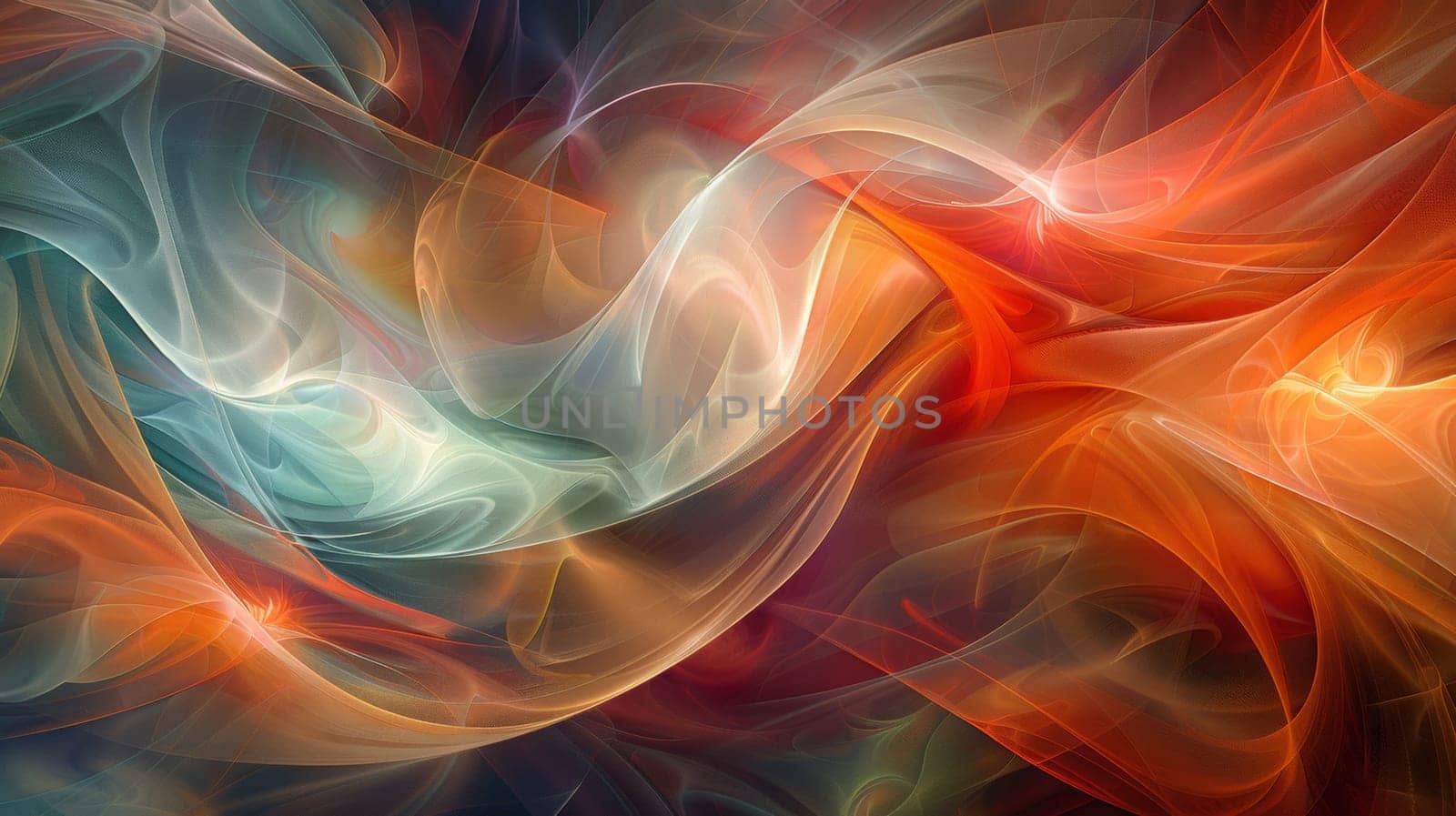 A colorful abstract painting with swirls of orange, blue and green, AI by starush