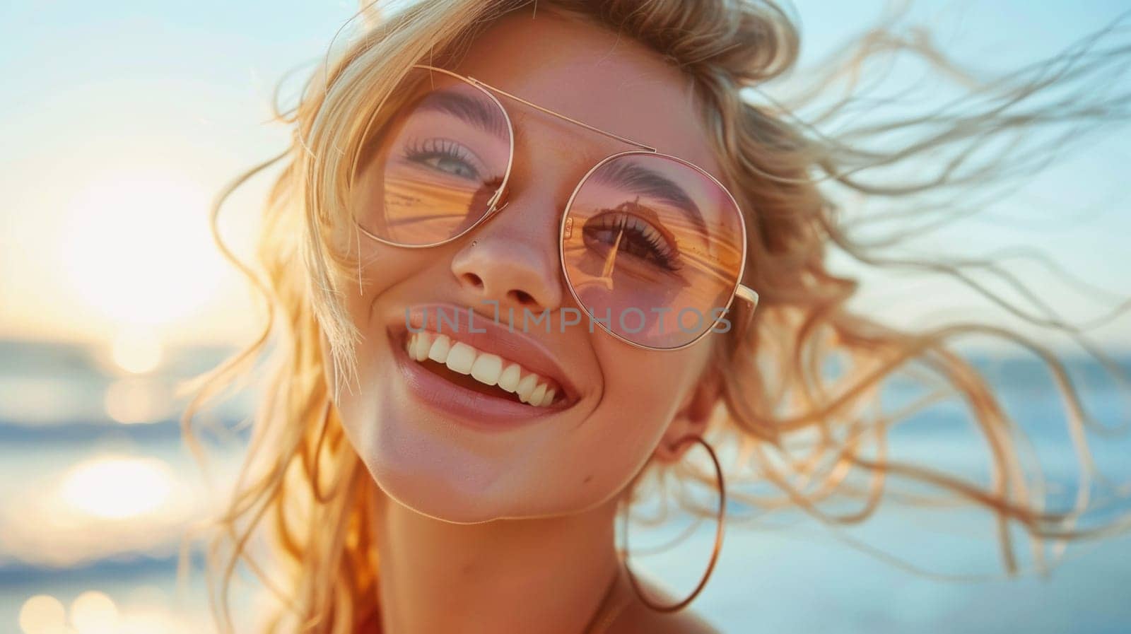 A woman with sunglasses smiling at the camera, AI by starush