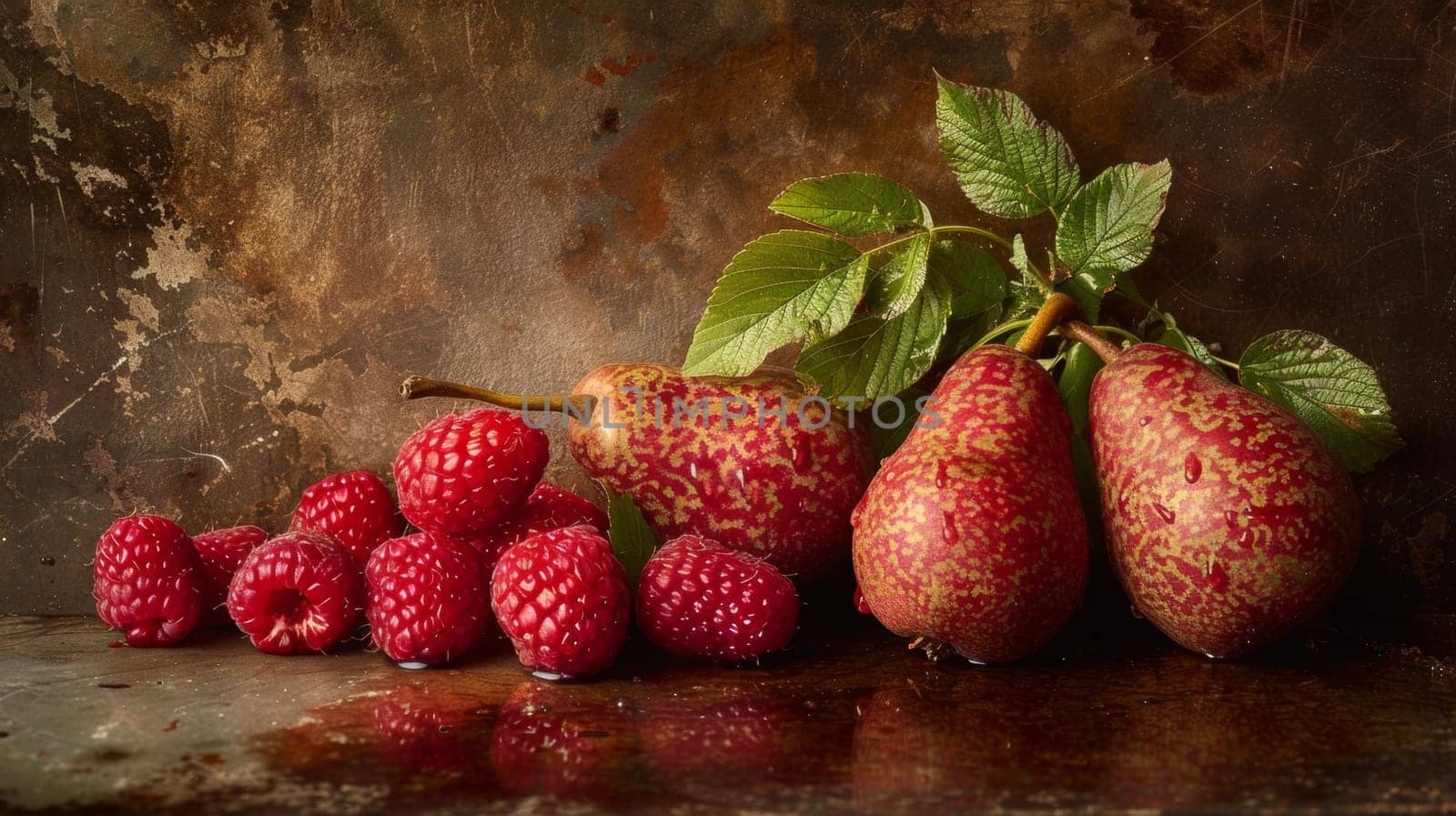 A bunch of raspberries and pears are sitting on a table
