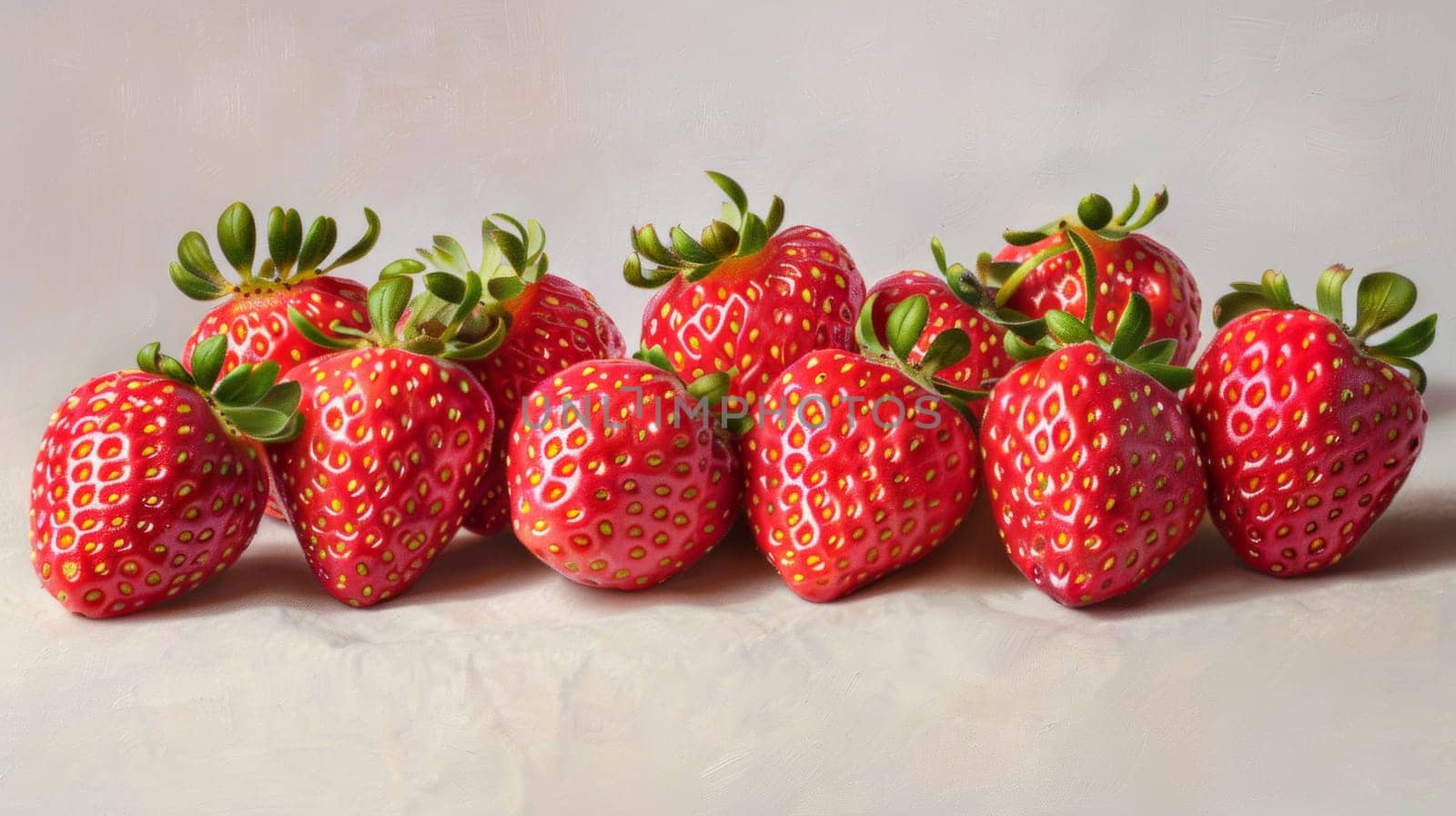 A group of strawberries are lined up on a white surface
