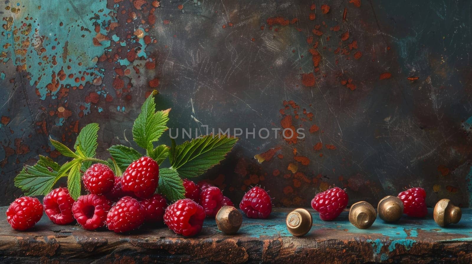 A bunch of raspberries and nuts on a rustic table