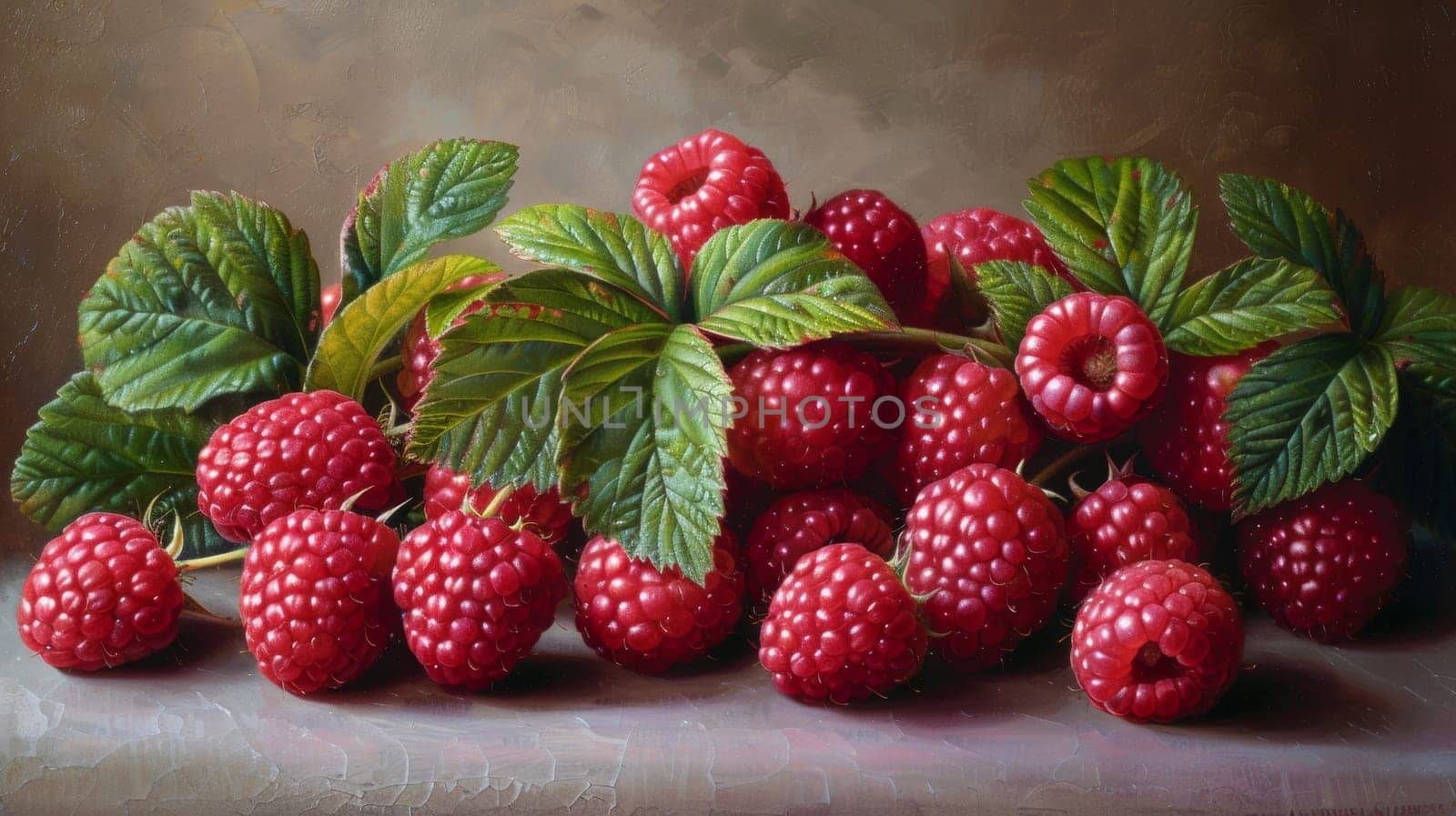 A painting of a bunch of raspberries with leaves on them