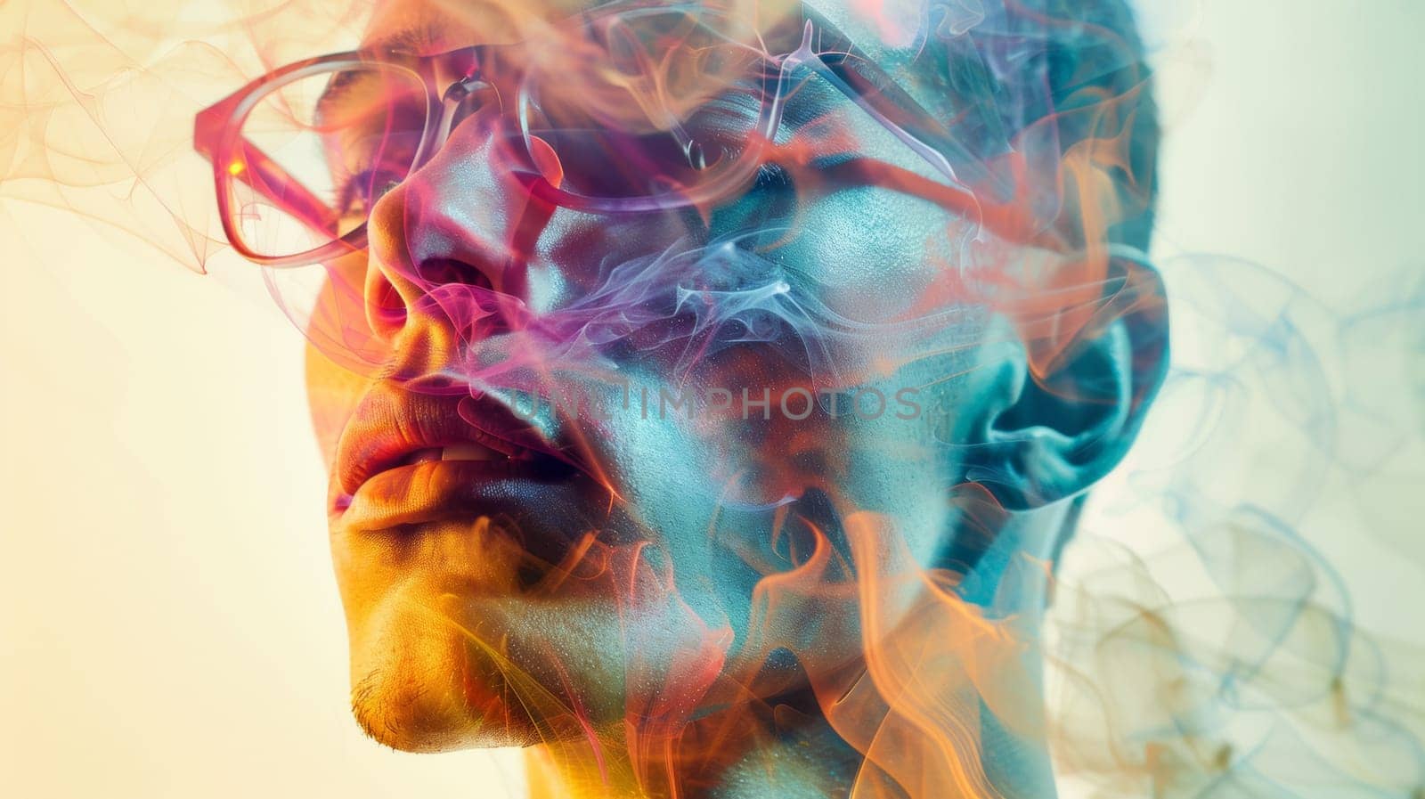 A man with glasses and smoke coming out of his face, AI by starush