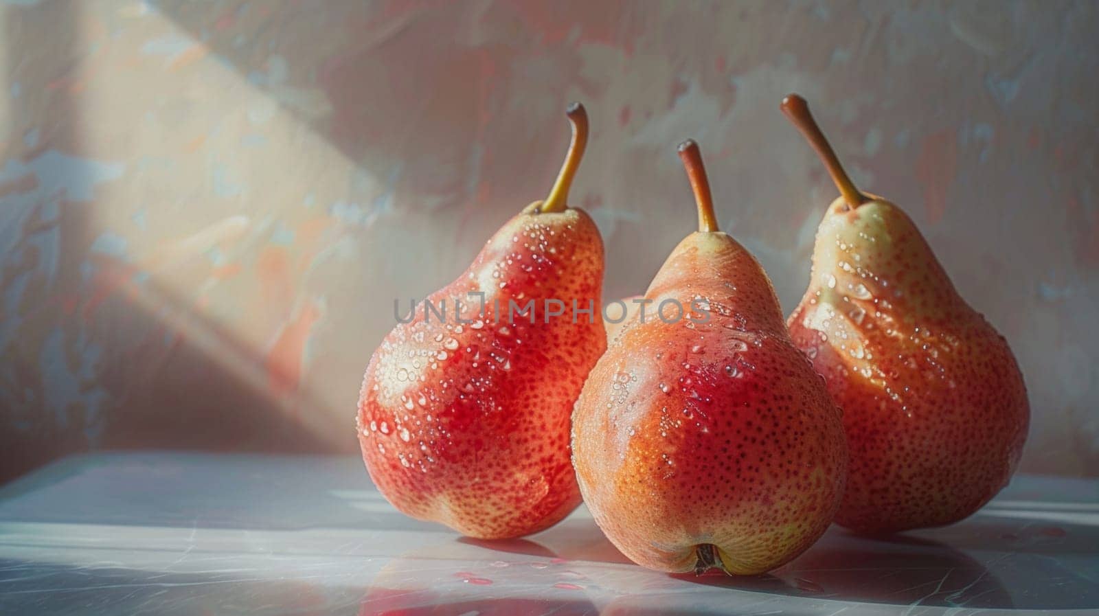 Three pears are sitting on a table with water droplets