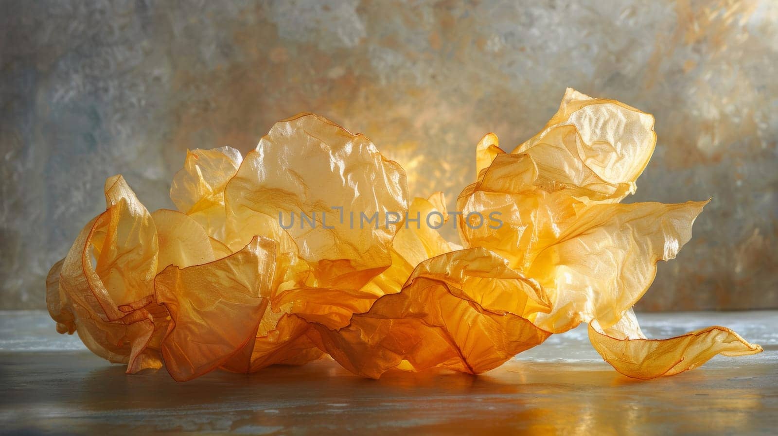 A pile of yellowed paper on a table with some water