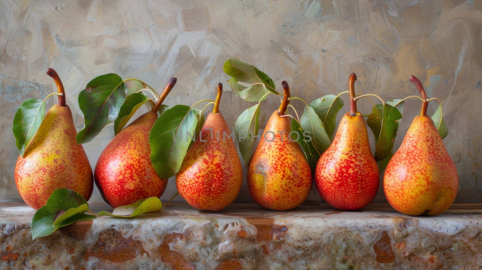 A row of pears with leaves on them are lined up