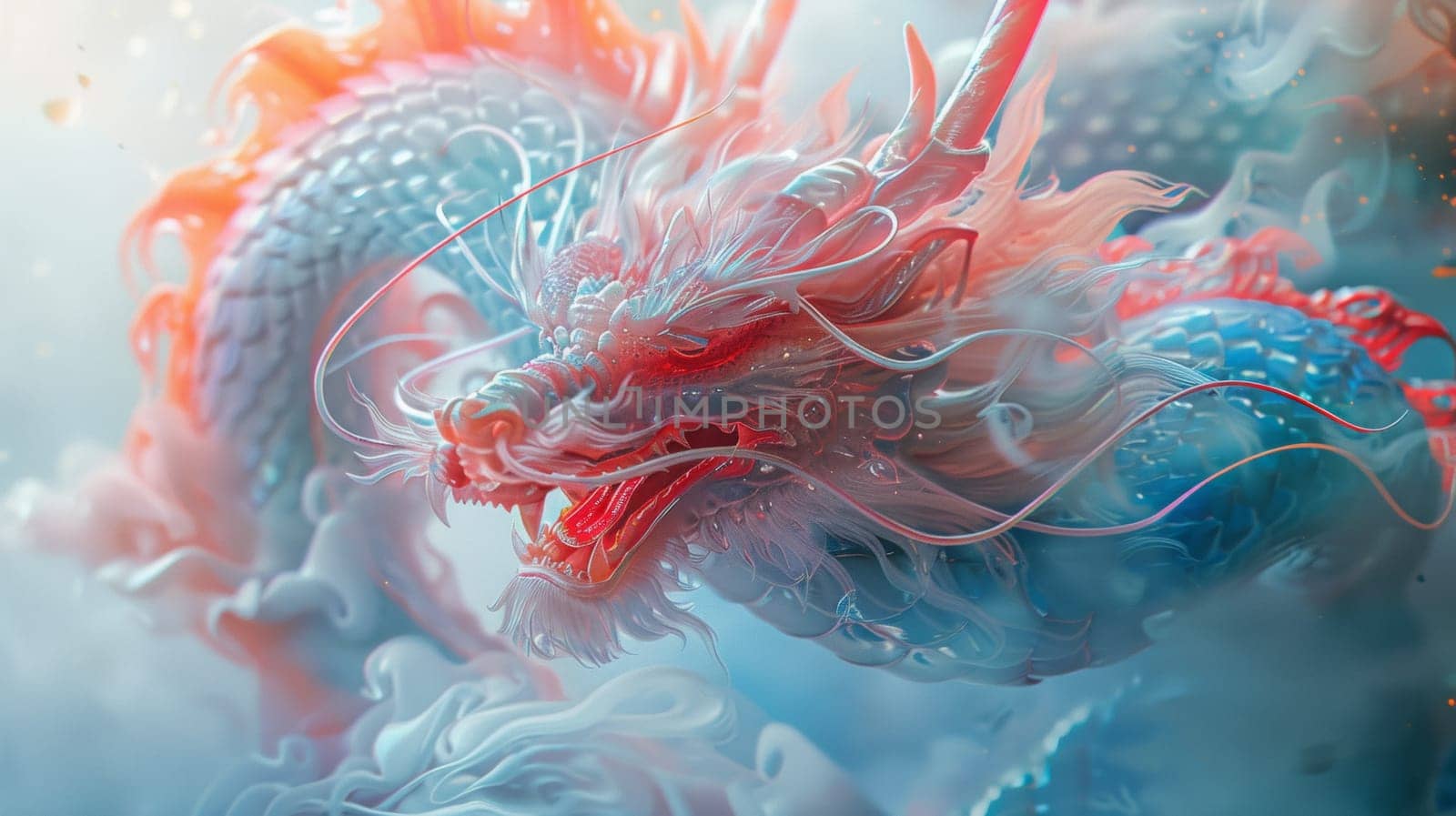 A close up of a dragon with red and blue colors