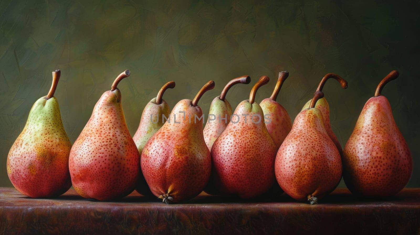 A row of pears are lined up on a table in front of the wall
