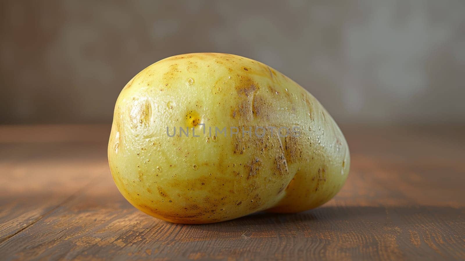A potato on a wooden table with the skin peeled off