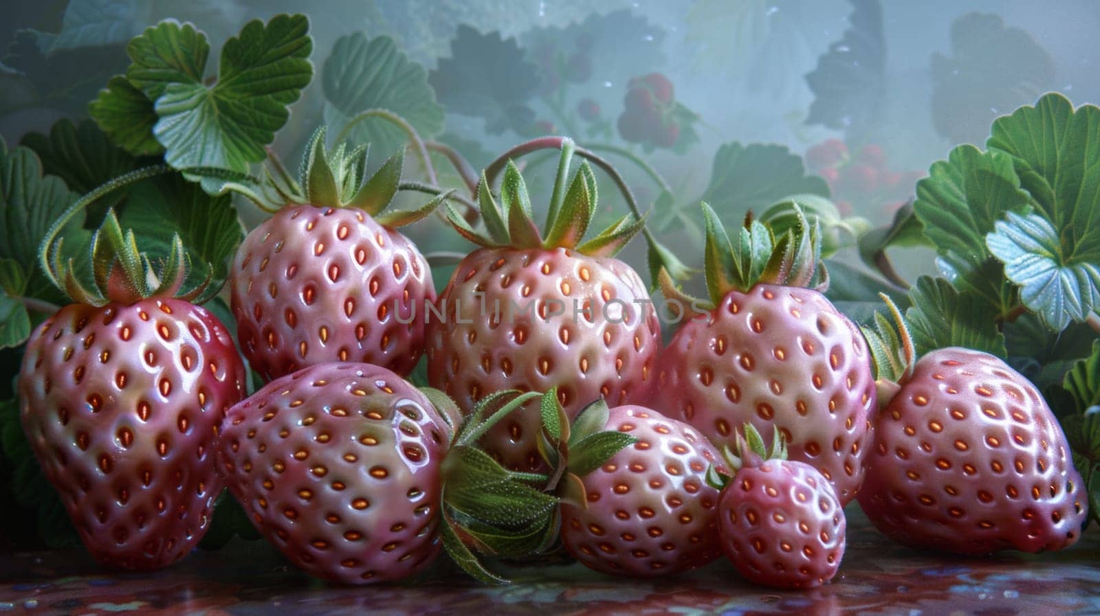 A group of strawberries are sitting on a table with leaves, AI by starush