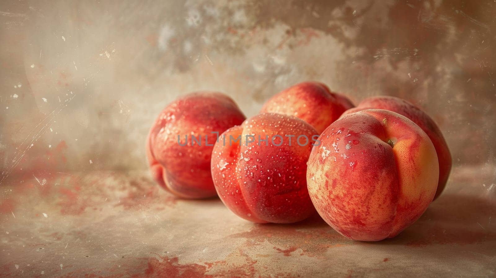 A group of peaches are sitting on a table with water droplets, AI by starush