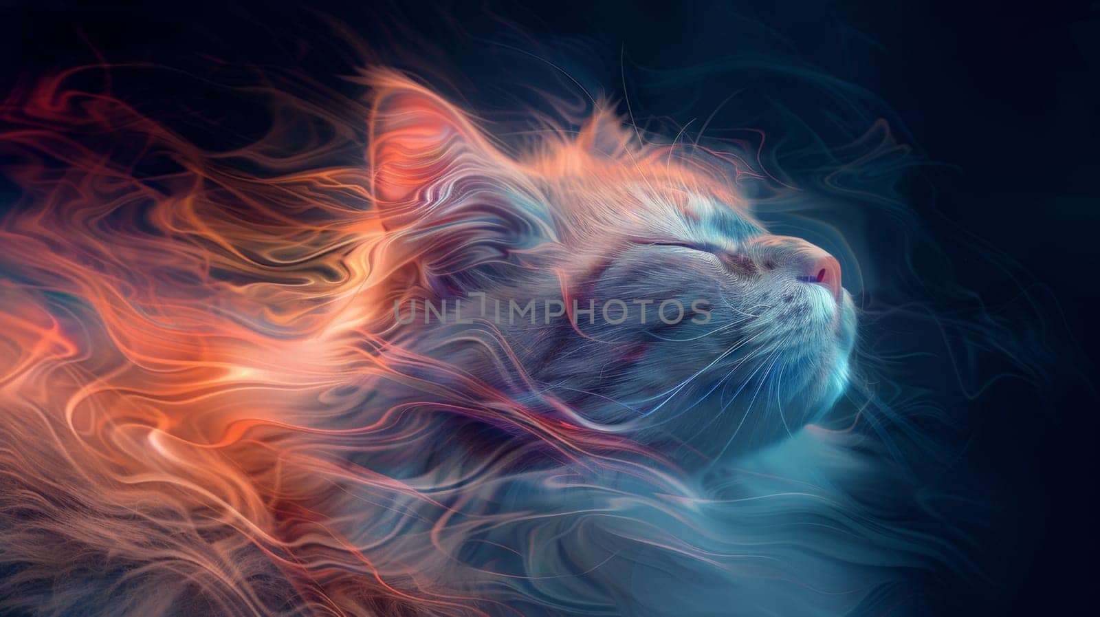 A close up of a cat with its eyes closed and glowing, AI by starush