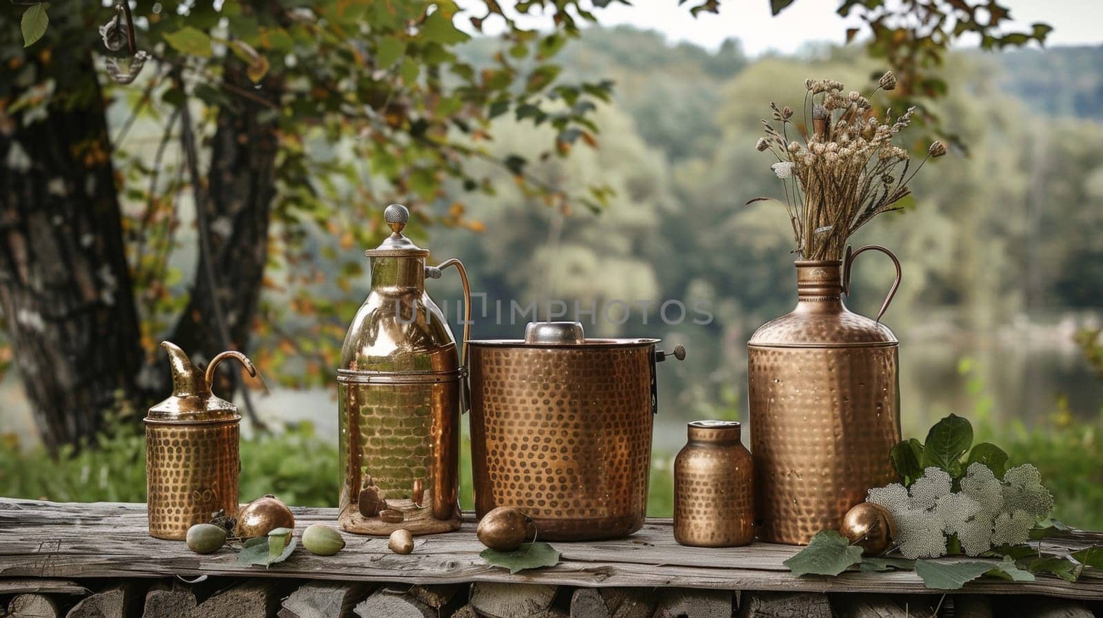 A group of copper vases and bottles on a wooden table, AI by starush