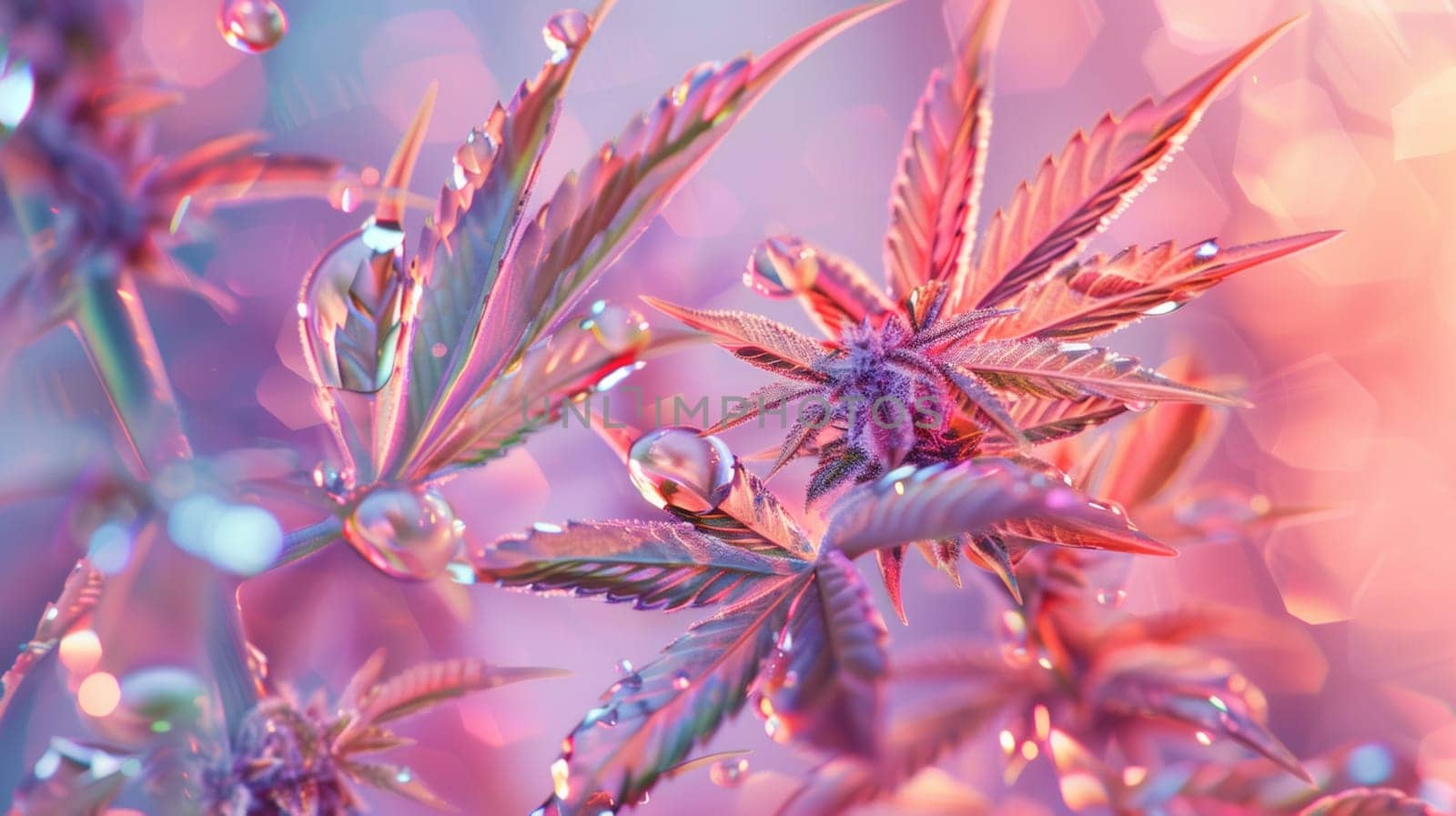 A close up of a marijuana plant with water droplets on it