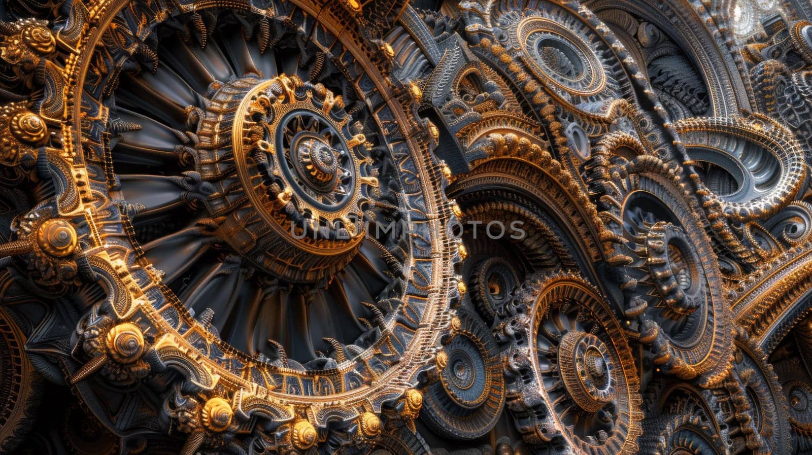 A close up of a very ornate clock with gold and black designs, AI by starush