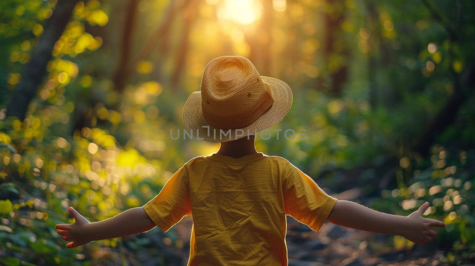 A child in a yellow hat standing on the forest floor, AI by starush