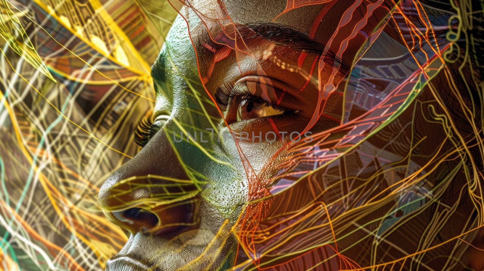 A woman's face is covered in a colorful pattern of lines