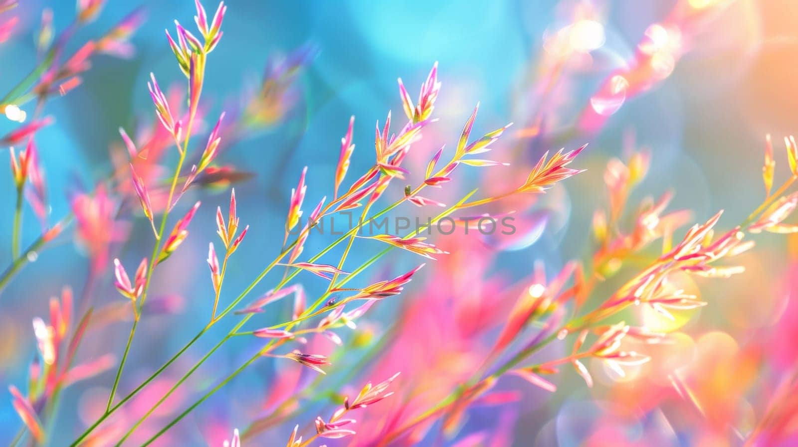 A close up of a bunch of pink flowers with some blue and yellow in the background, AI by starush