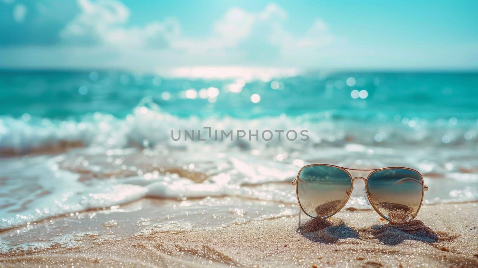 Sunglasses on a beach with the ocean in background, AI by starush