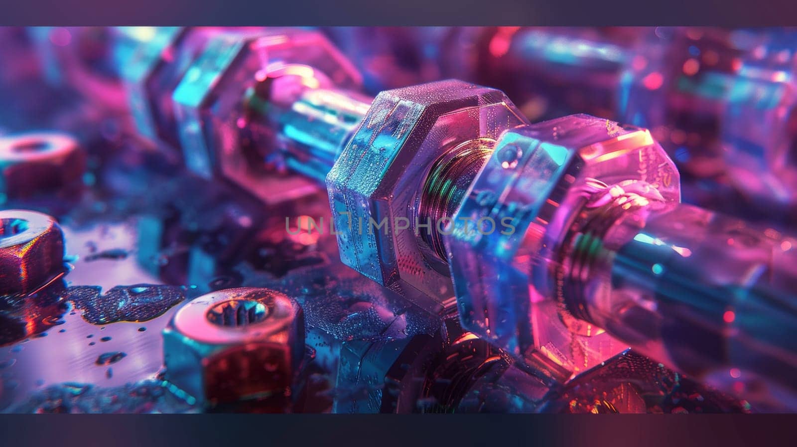 A close up of a bunch of nuts and bolts on some glass, AI by starush