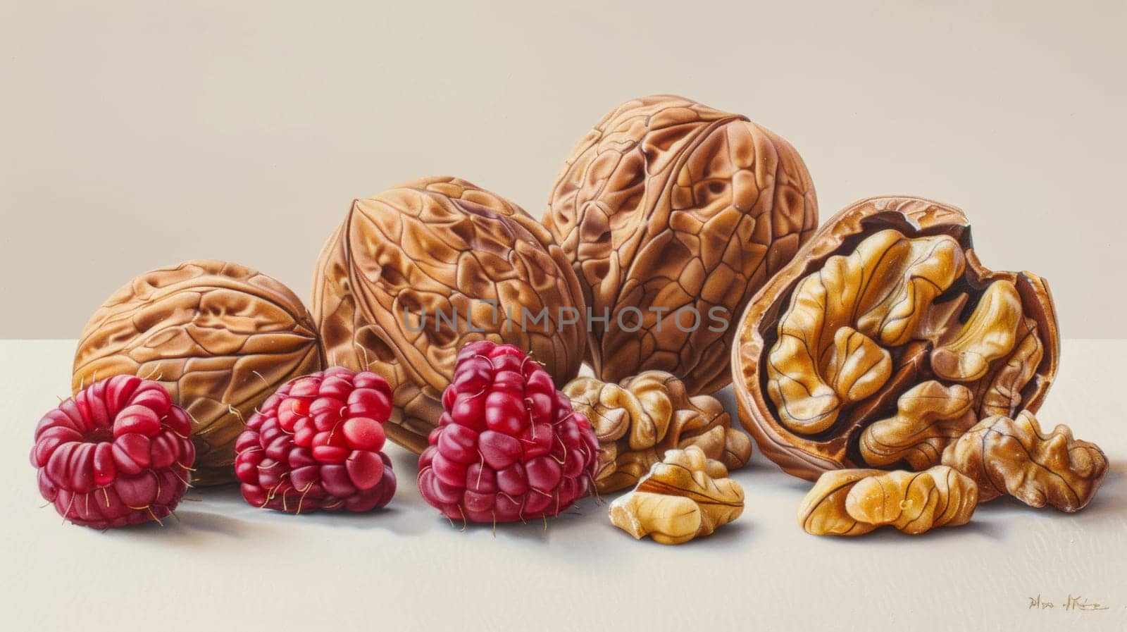 A painting of walnuts, raspberries and other nuts on a table, AI by starush