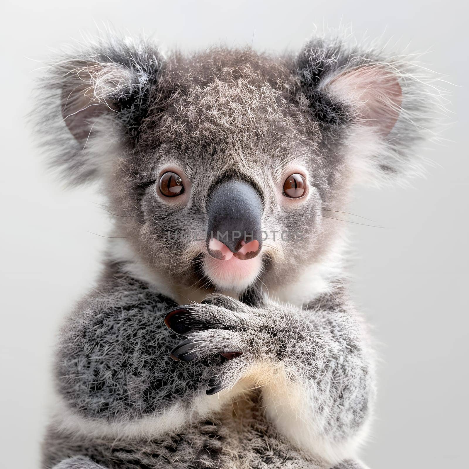 A grey Koala organism standing with crossed arms, looking at the camera by Nadtochiy