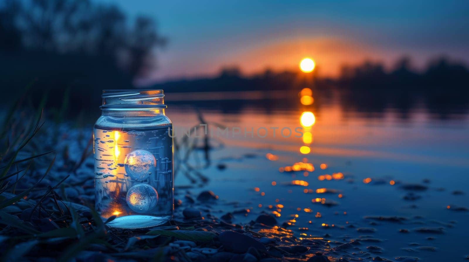 A glass jar with a sun setting in the background