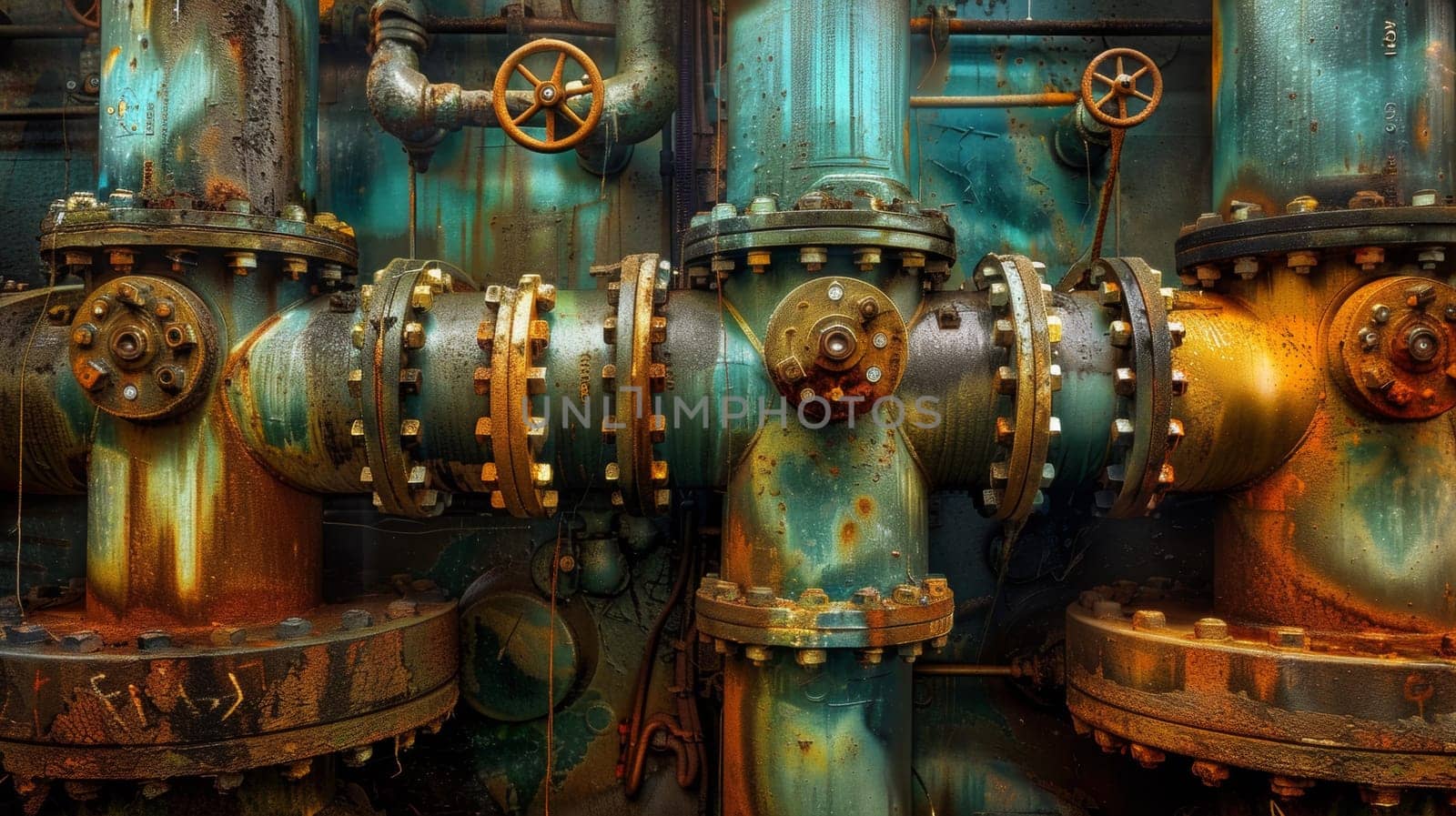 A close up of a rusty pipe system with valves and pipes, AI by starush