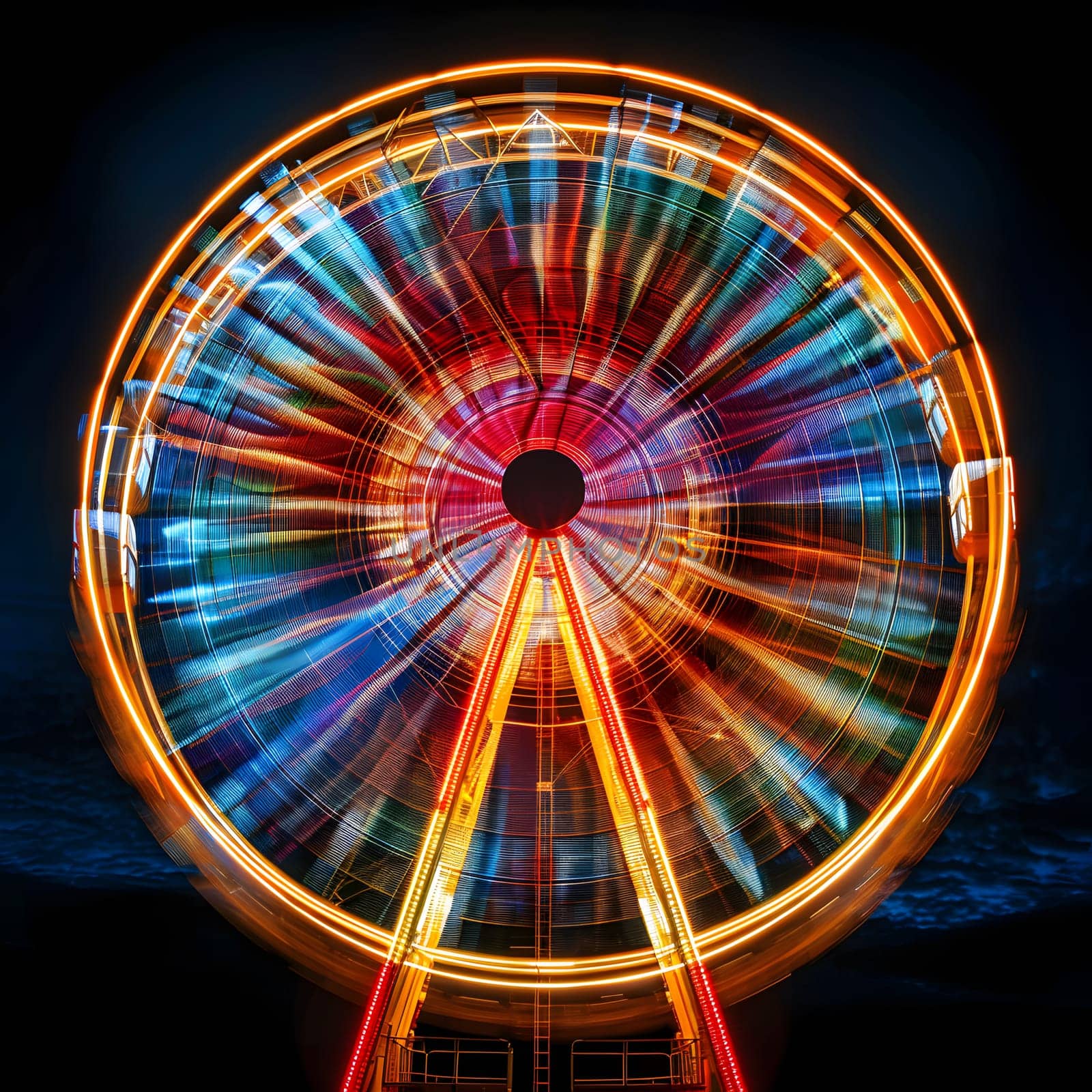 The electric blue Ferris wheel shines brightly in the darkness, captivating the eye with its symmetrical circle of lights. A dazzling recreation attraction at the event