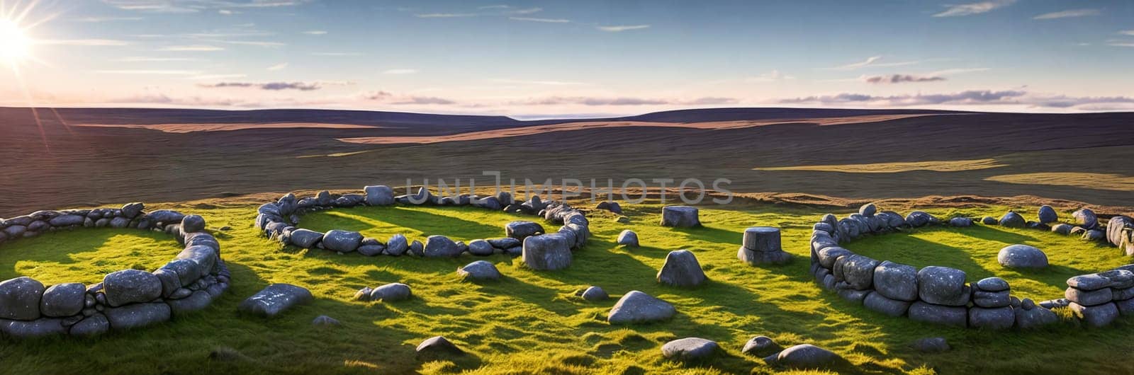 A mysterious and ancient stone circle nestled in a remote moorland, with the setting sun casting long shadows over the weathered monoliths