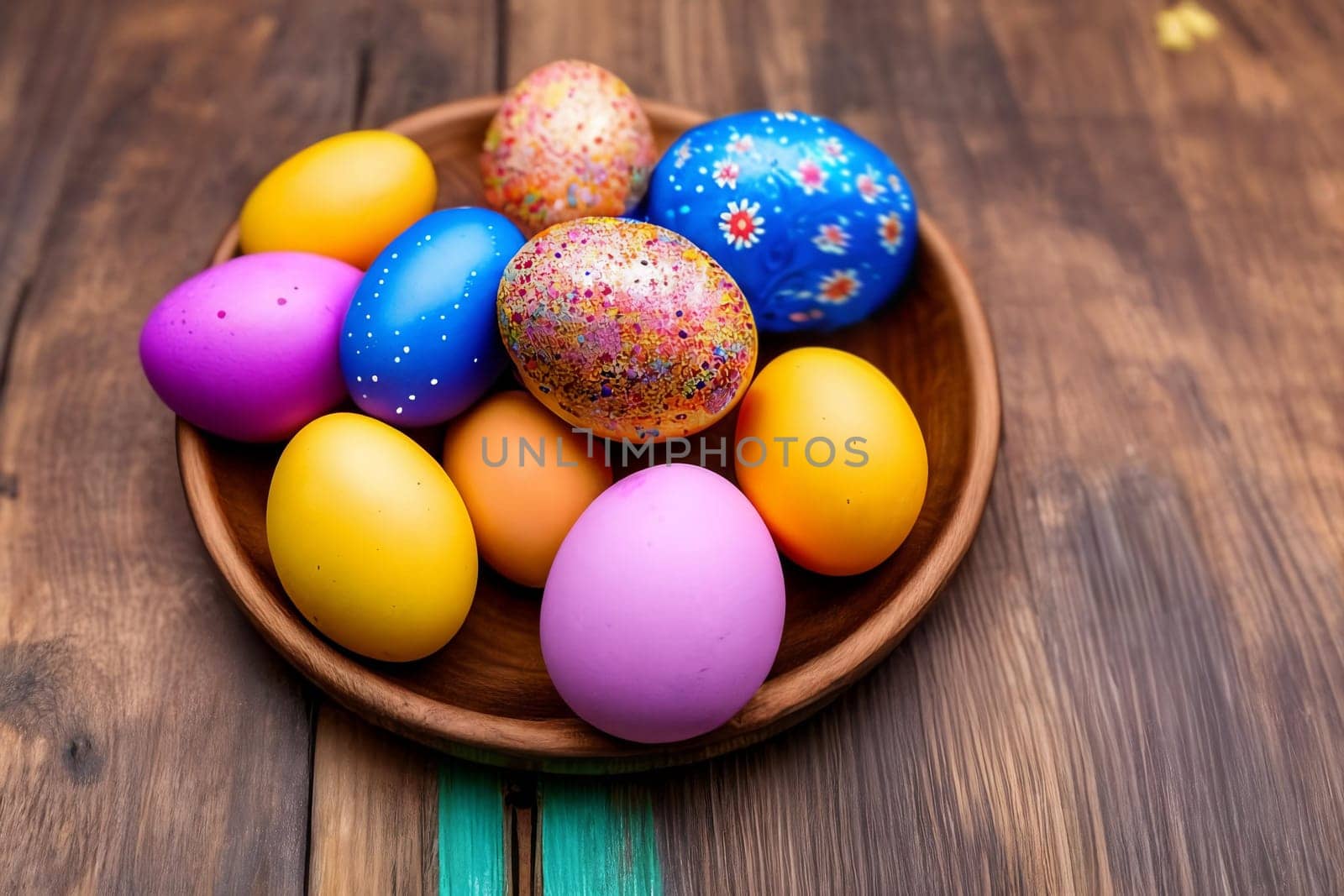 Vibrant Easter Eggs. A close-up image of colorful and intricately decorated Easter eggs arranged in a beautiful pattern on a rustic wooden background, emphasizing the unique designs and textures.