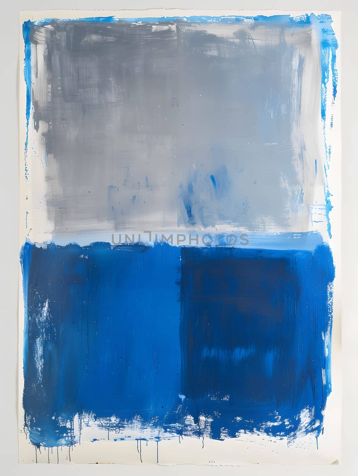 Blue fluid in glass bottle on white canvas, rectangle art paint by Nadtochiy