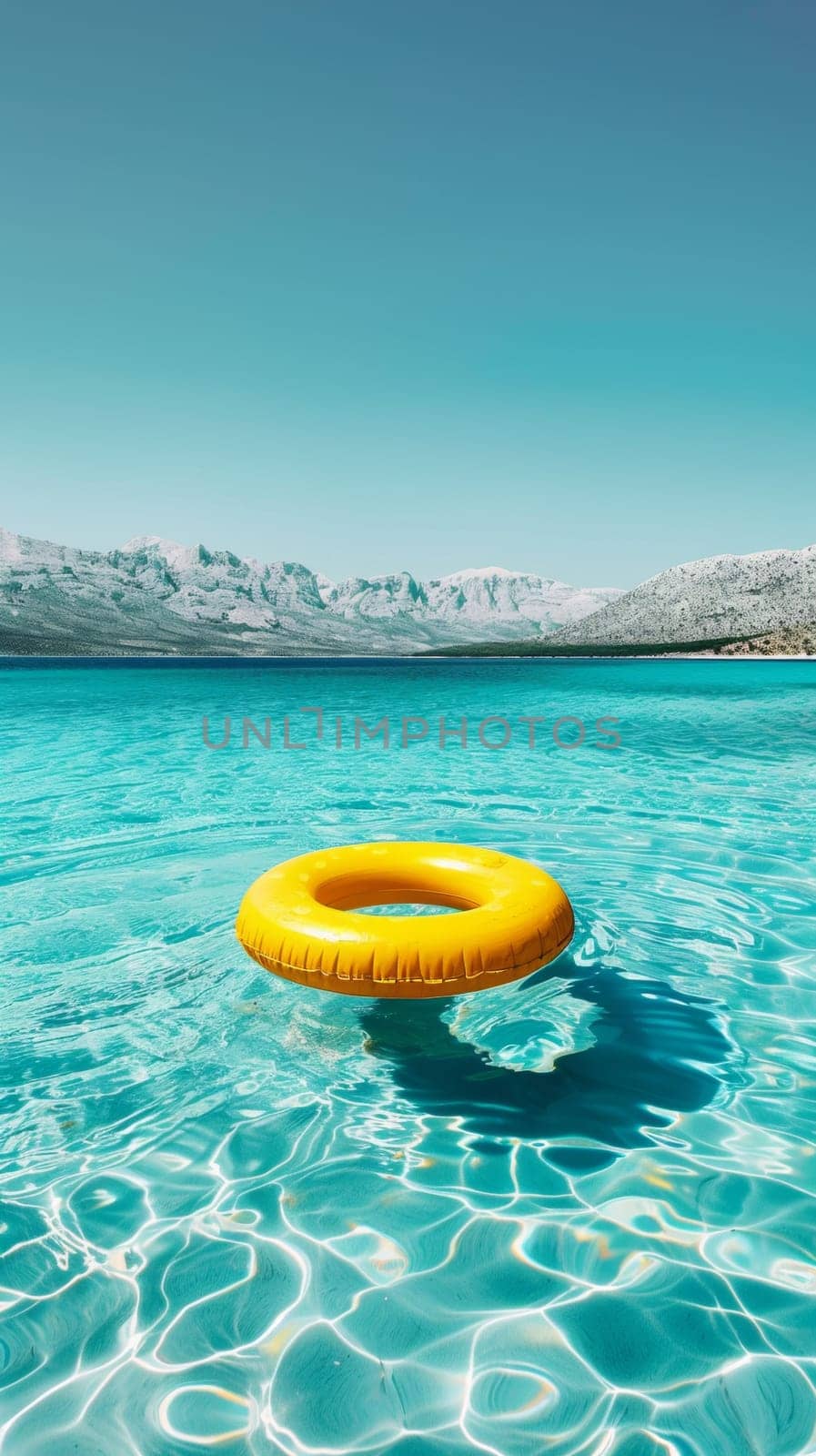 A yellow floating ring in the middle of a blue lake