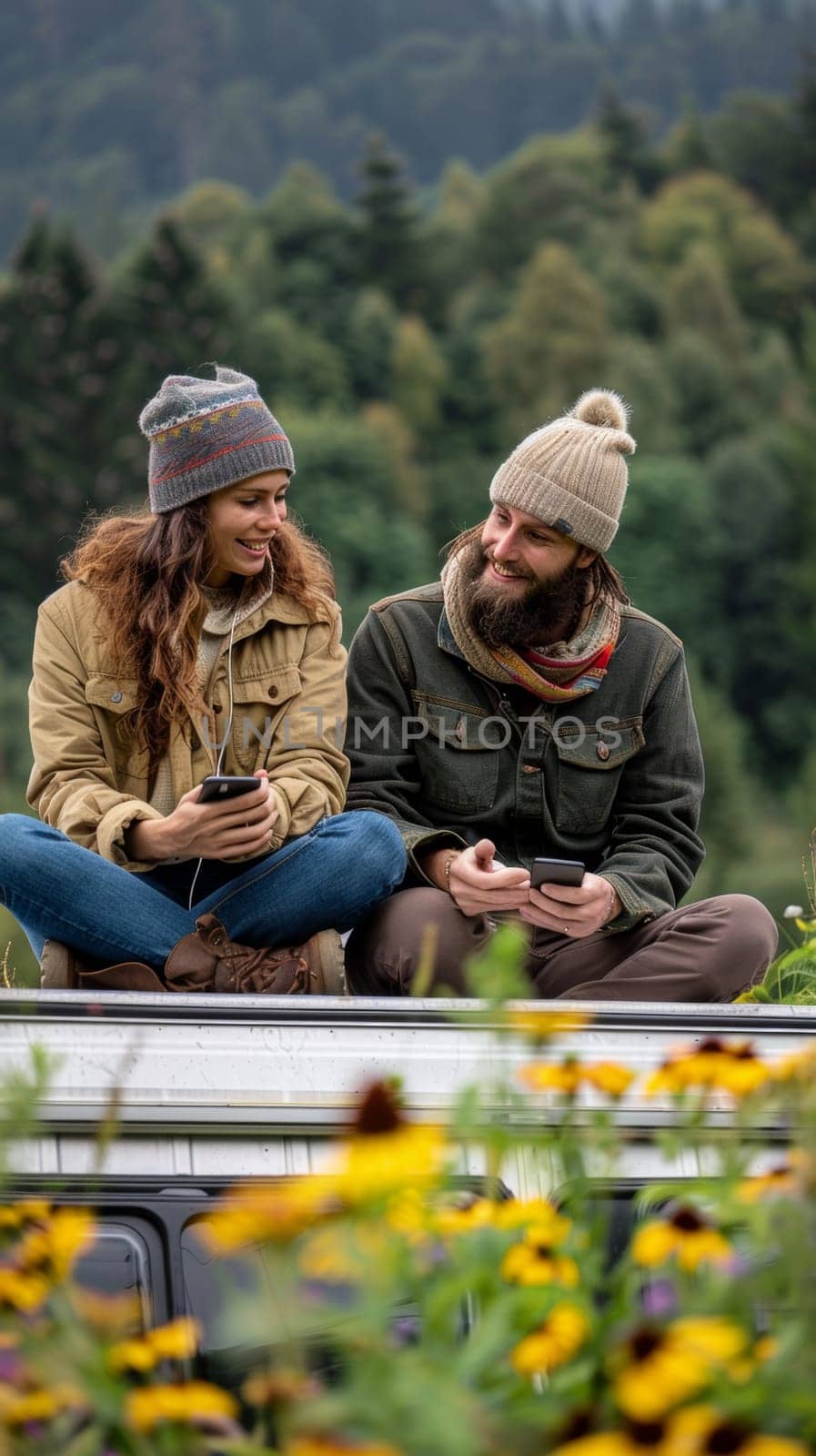 A man and woman sitting on top of a van looking at their cell phones, AI by starush