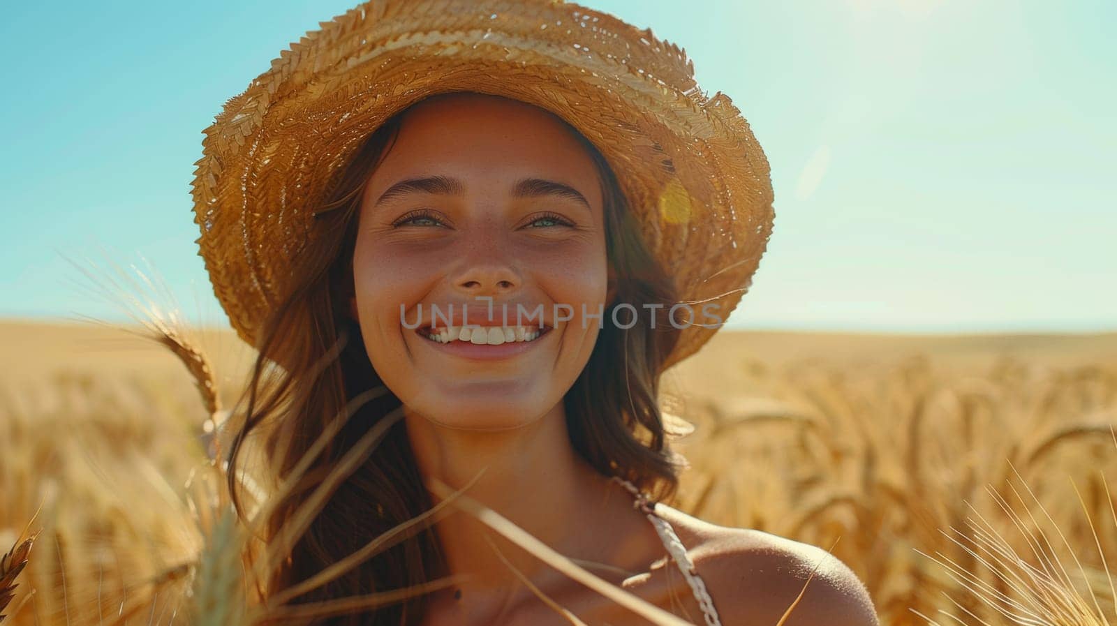 A woman in a straw hat smiling while standing on top of some tall grass