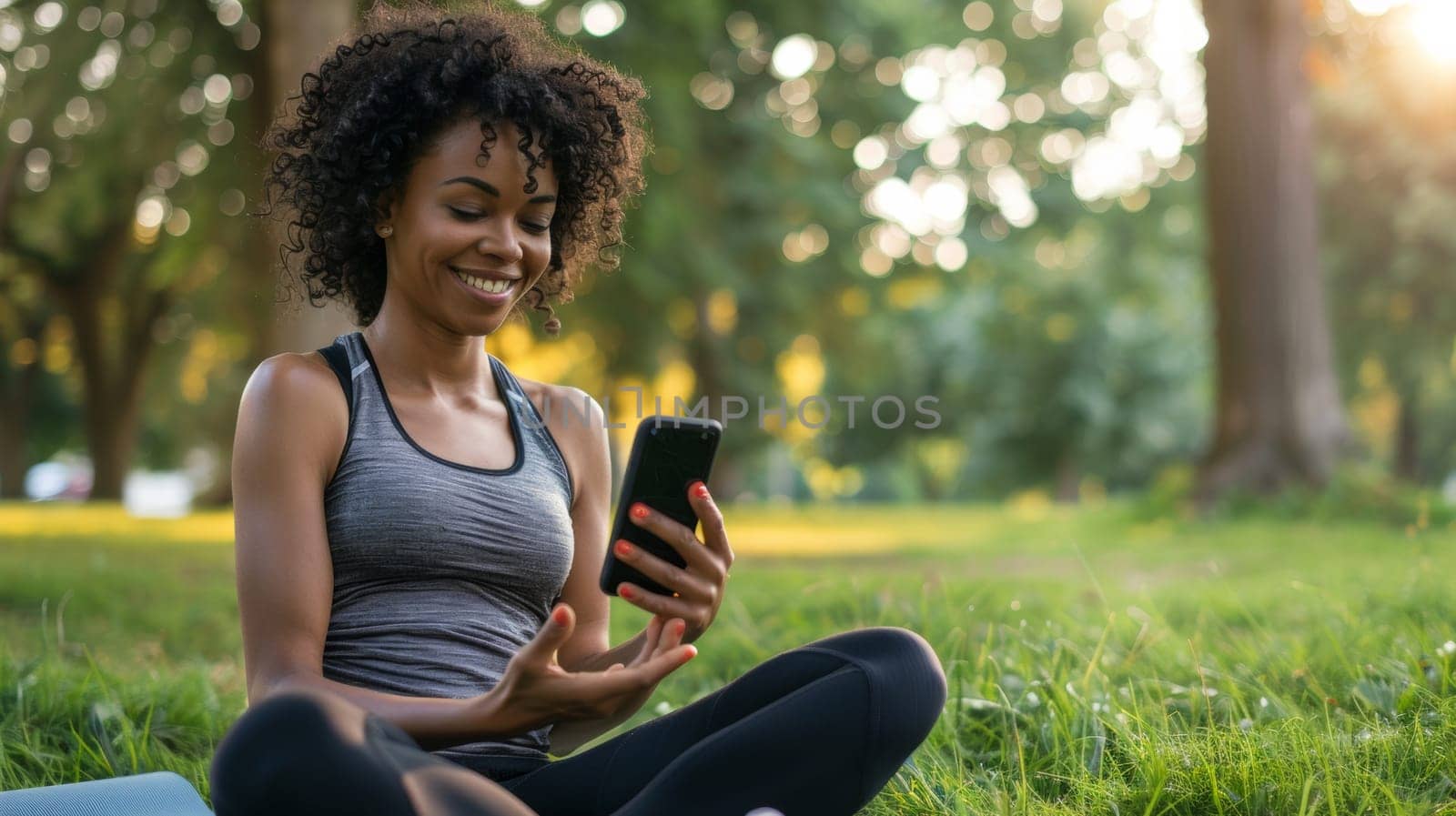 A woman sitting in the grass with a cell phone, AI by starush