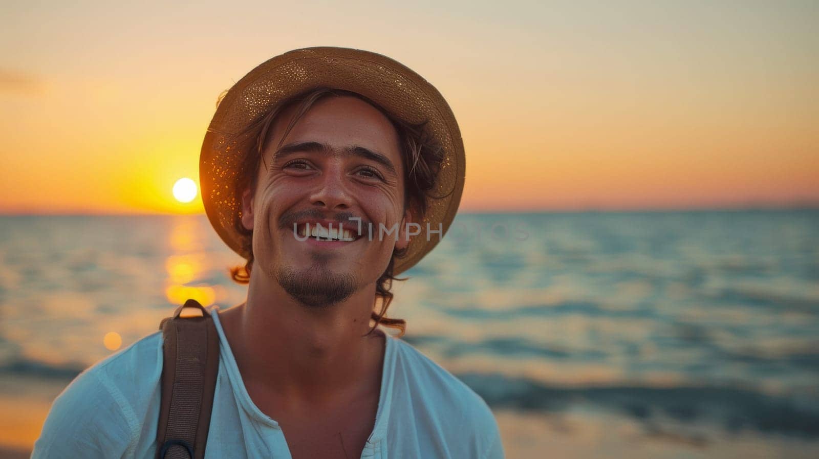A man smiling at the sun while standing on a beach